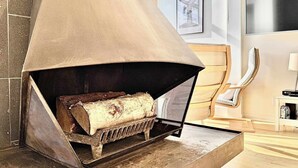 A fireplace with a metal grate, a log, and a protective cover.