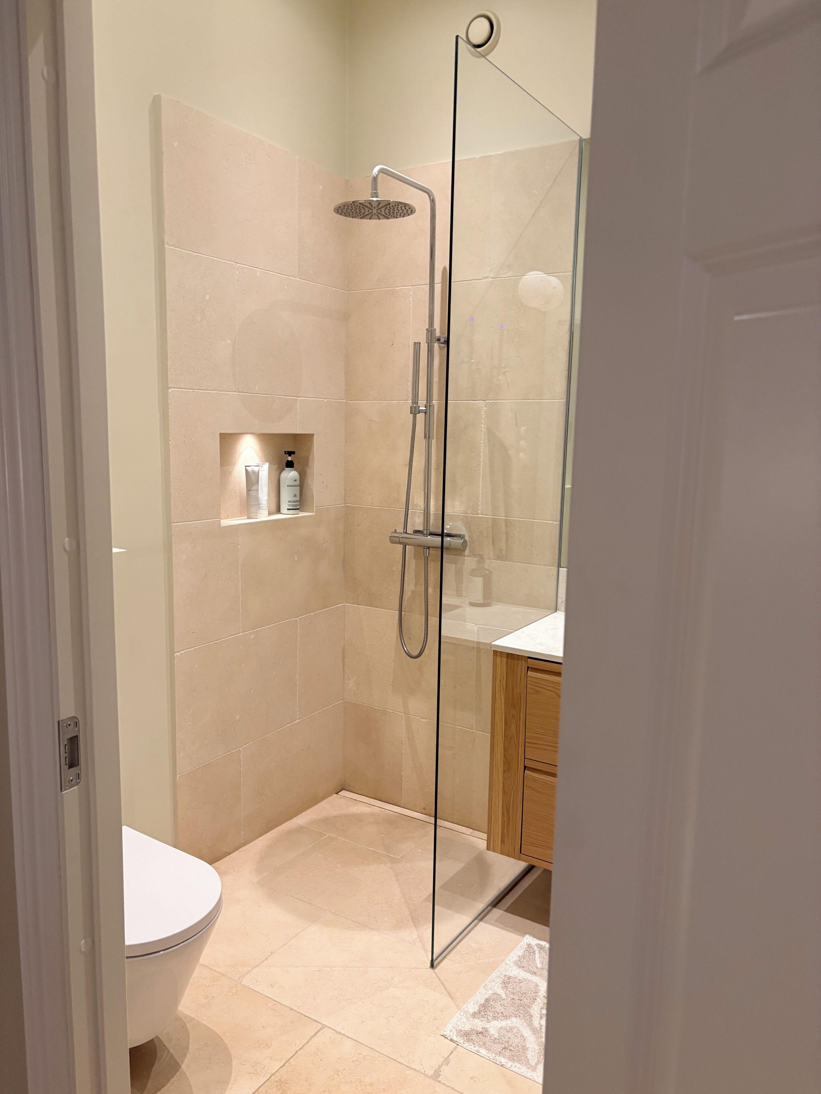 Hair dryer, towels, soap, toilet paper