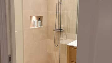 Hair dryer, towels, soap, toilet paper