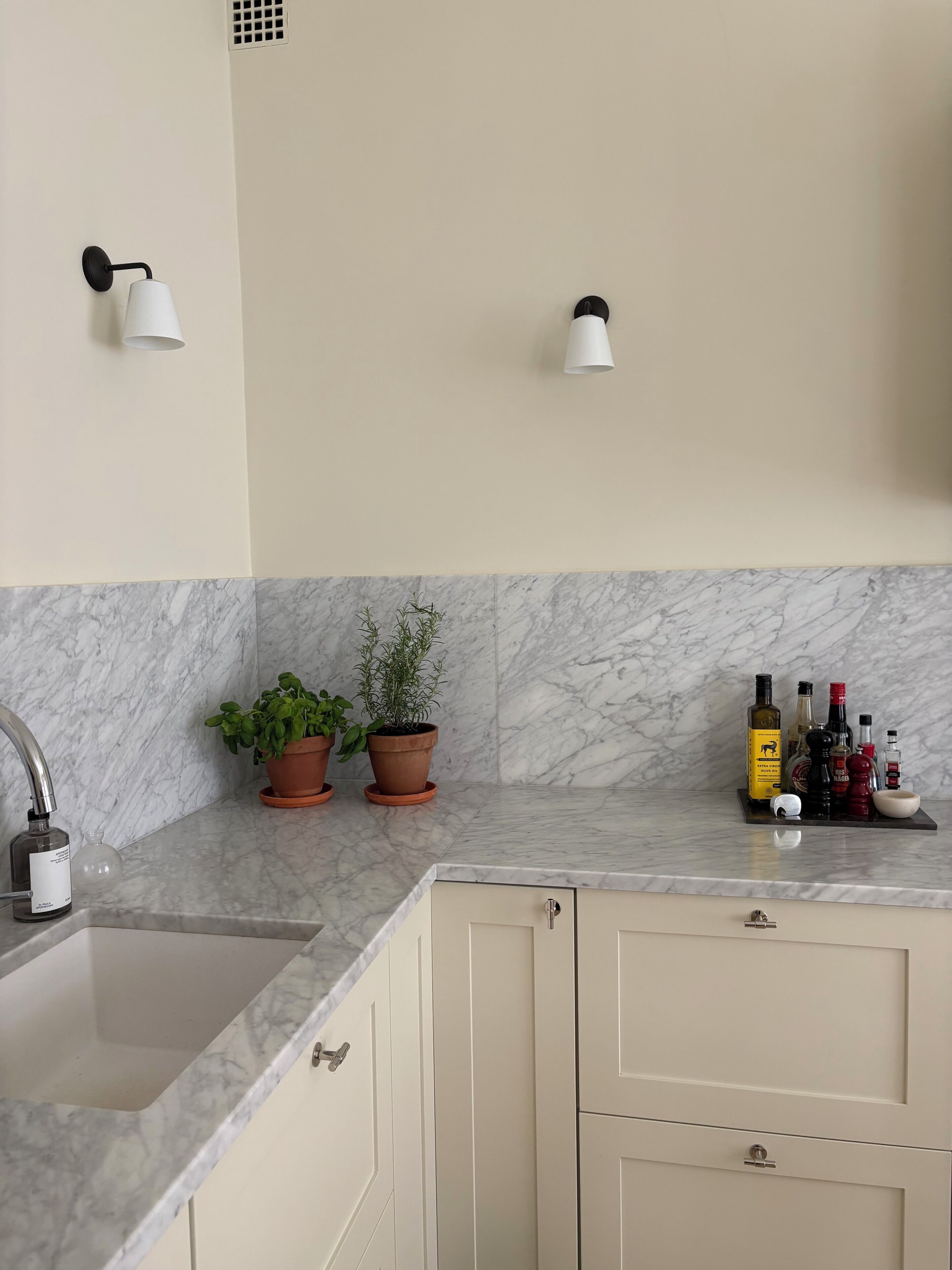 A kitchen with a marble countertop, two potted plants, a sink, and a cabinet with a drawer.