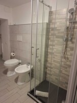 Shower, designer toiletries, hair dryer, slippers