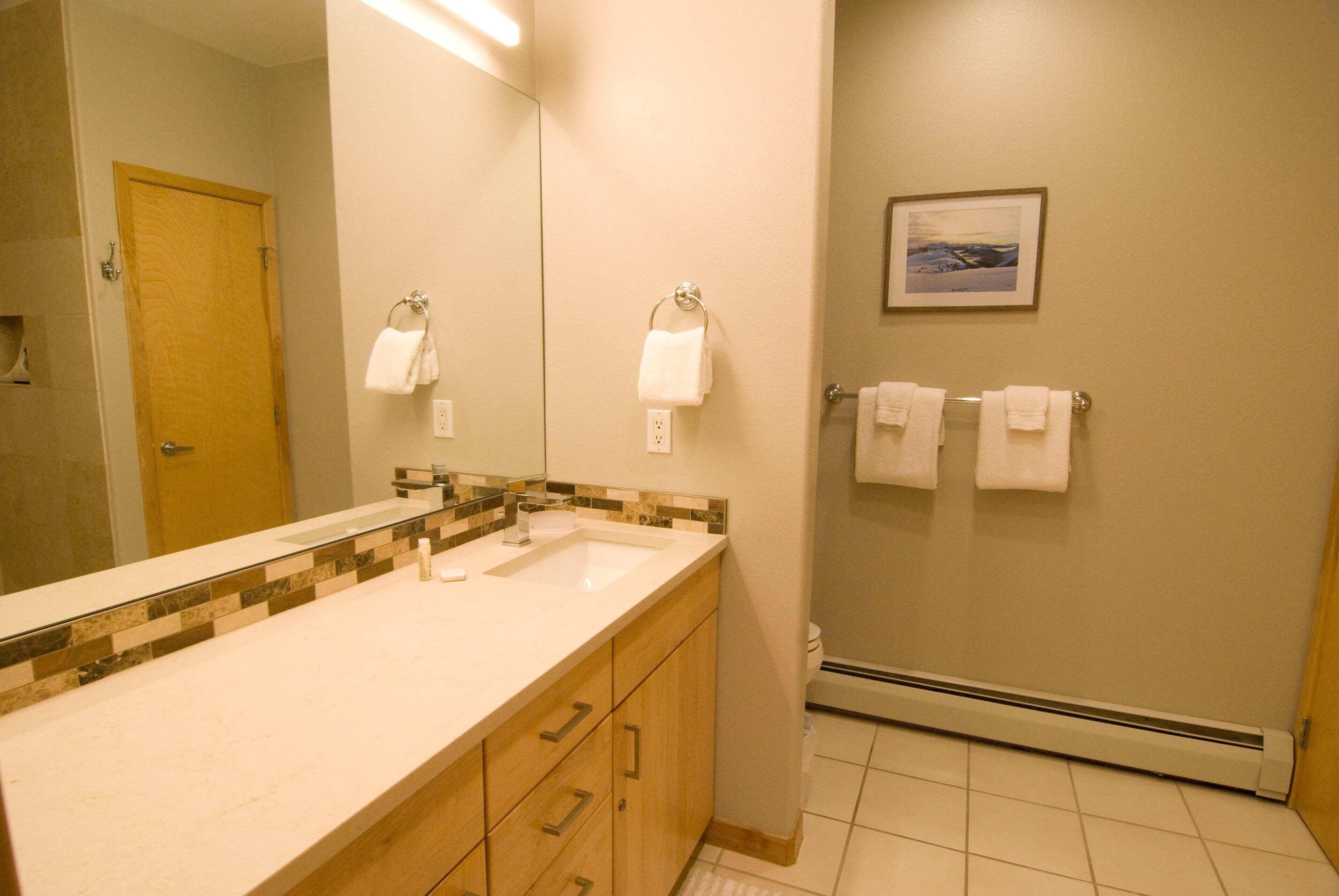 A bathroom with a large mirror, two sinks, a towel rack, and a heating unit.