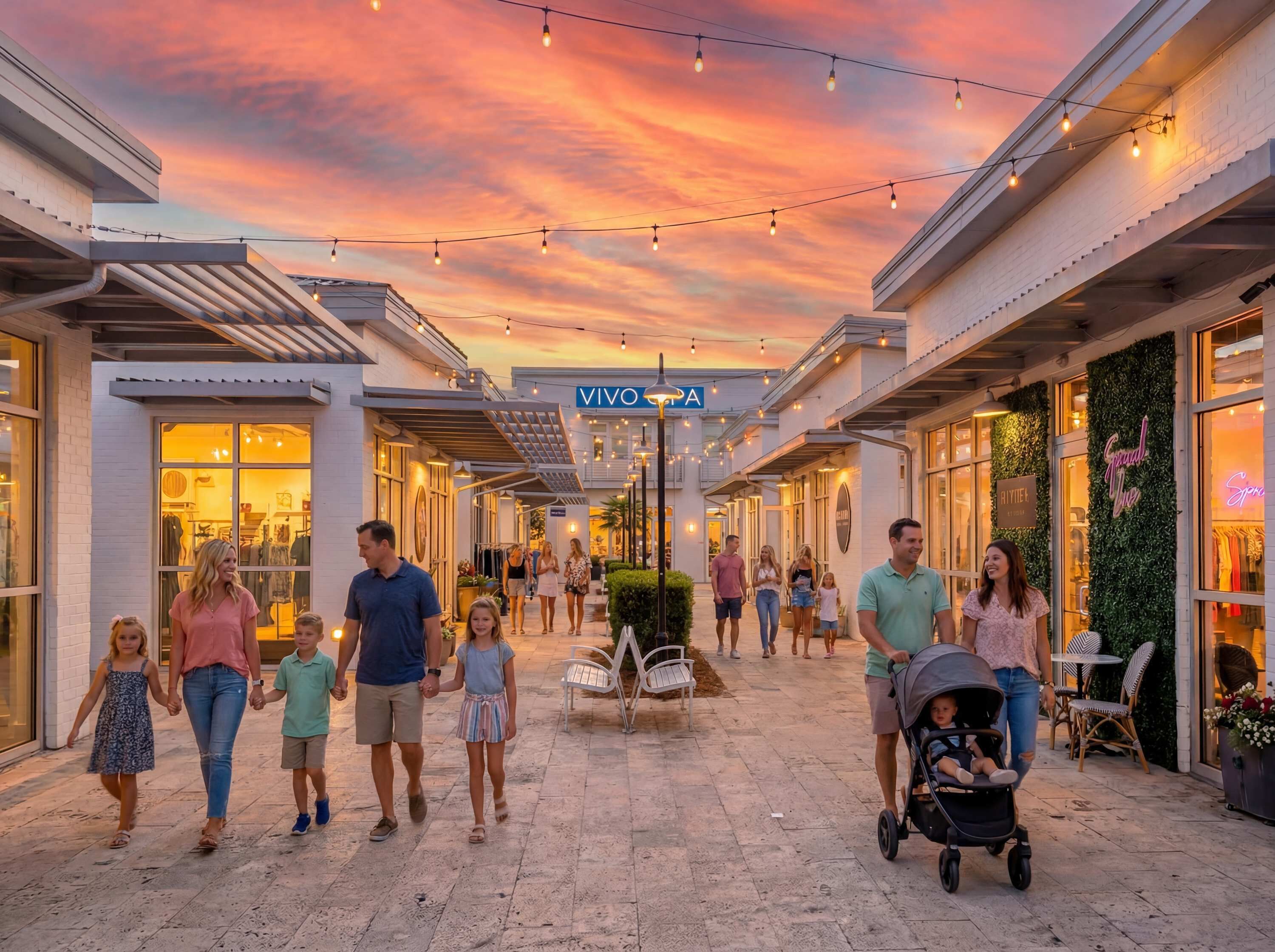 A shopping mall with stores, a VIVO SPA sign, and people walking.