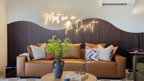 Living area - Desert Willow • Pool, Hot Tub, Sauna, Pickleball • Private 1.4-Acre Retreat (Joshua Tree)