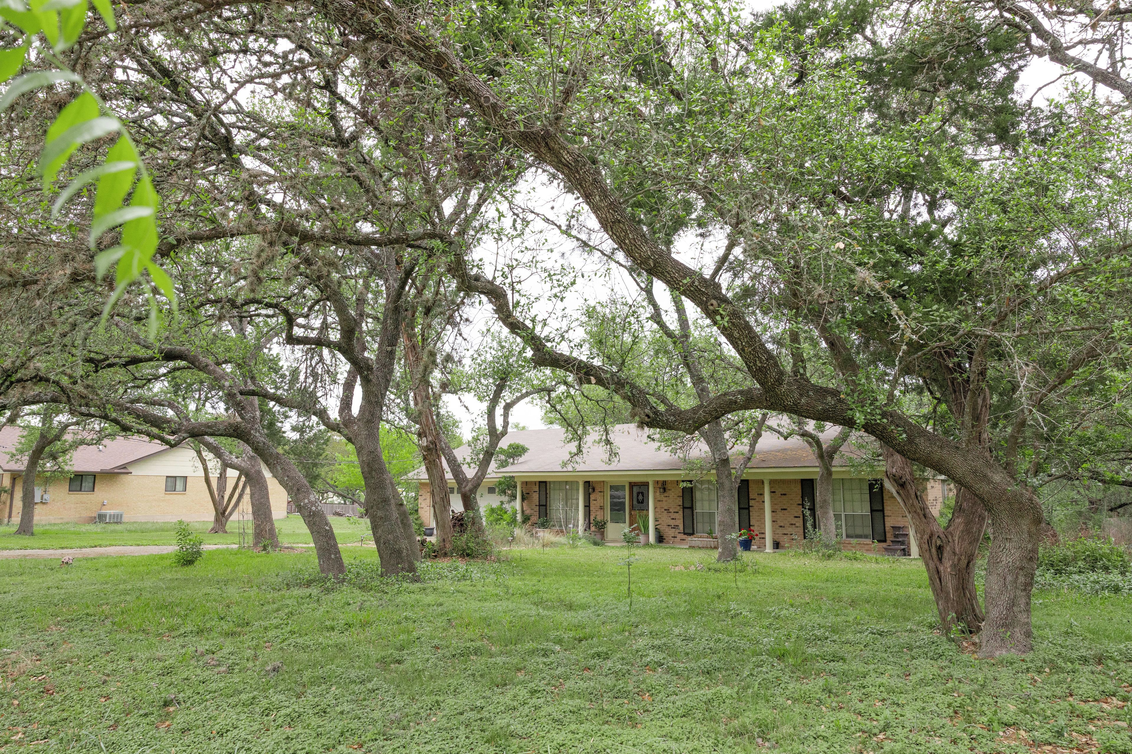 A house surrounded by mature trees with a well-maintained lawn.
