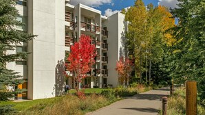 A multi-story building with balconies, a paved pathway, and surrounding trees. - Treetops Plaza One, 2BD Ski-in Ski-out Condo (Vail)
