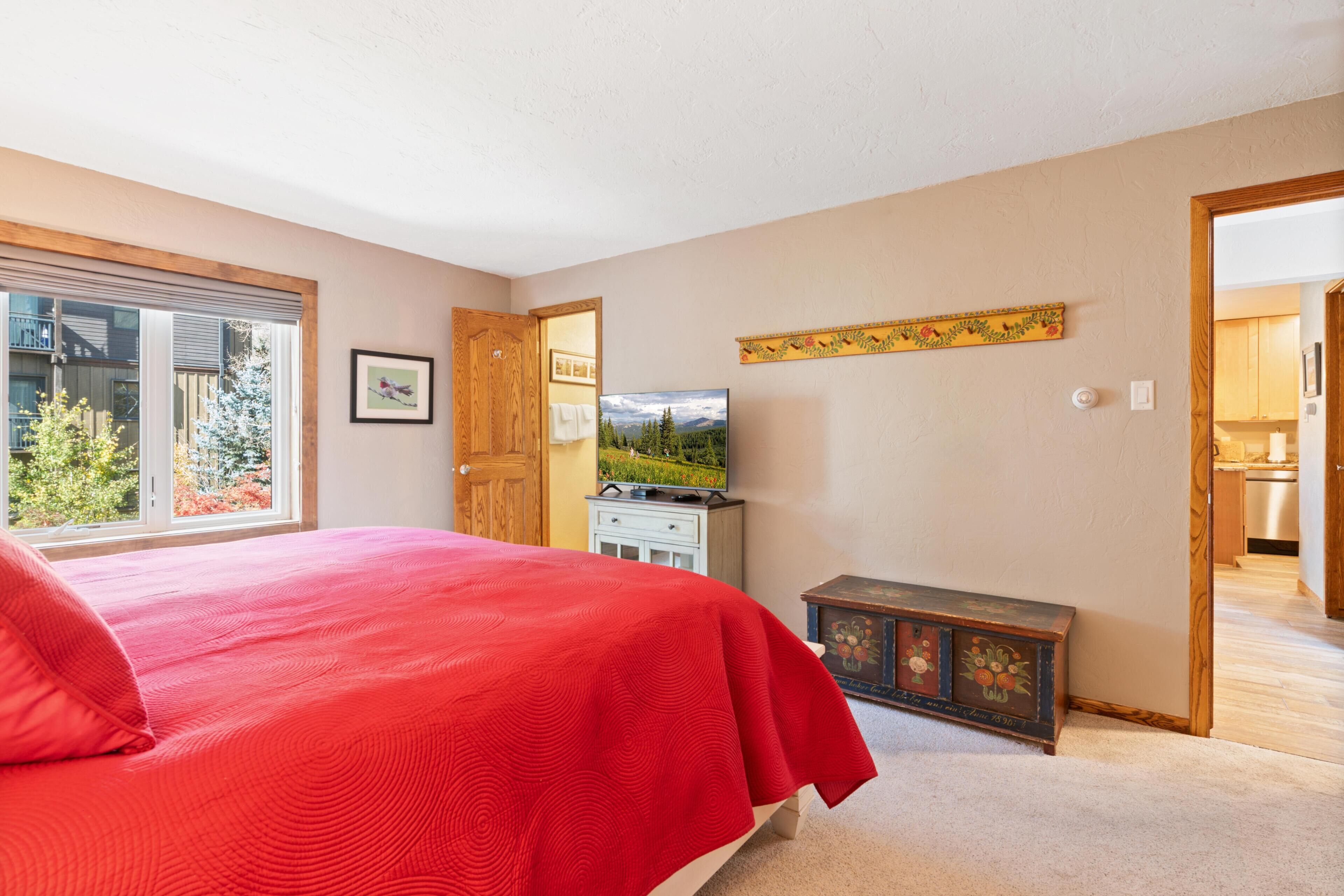 A bedroom with a large bed, a television, a wooden cabinet, and a view of the outside.