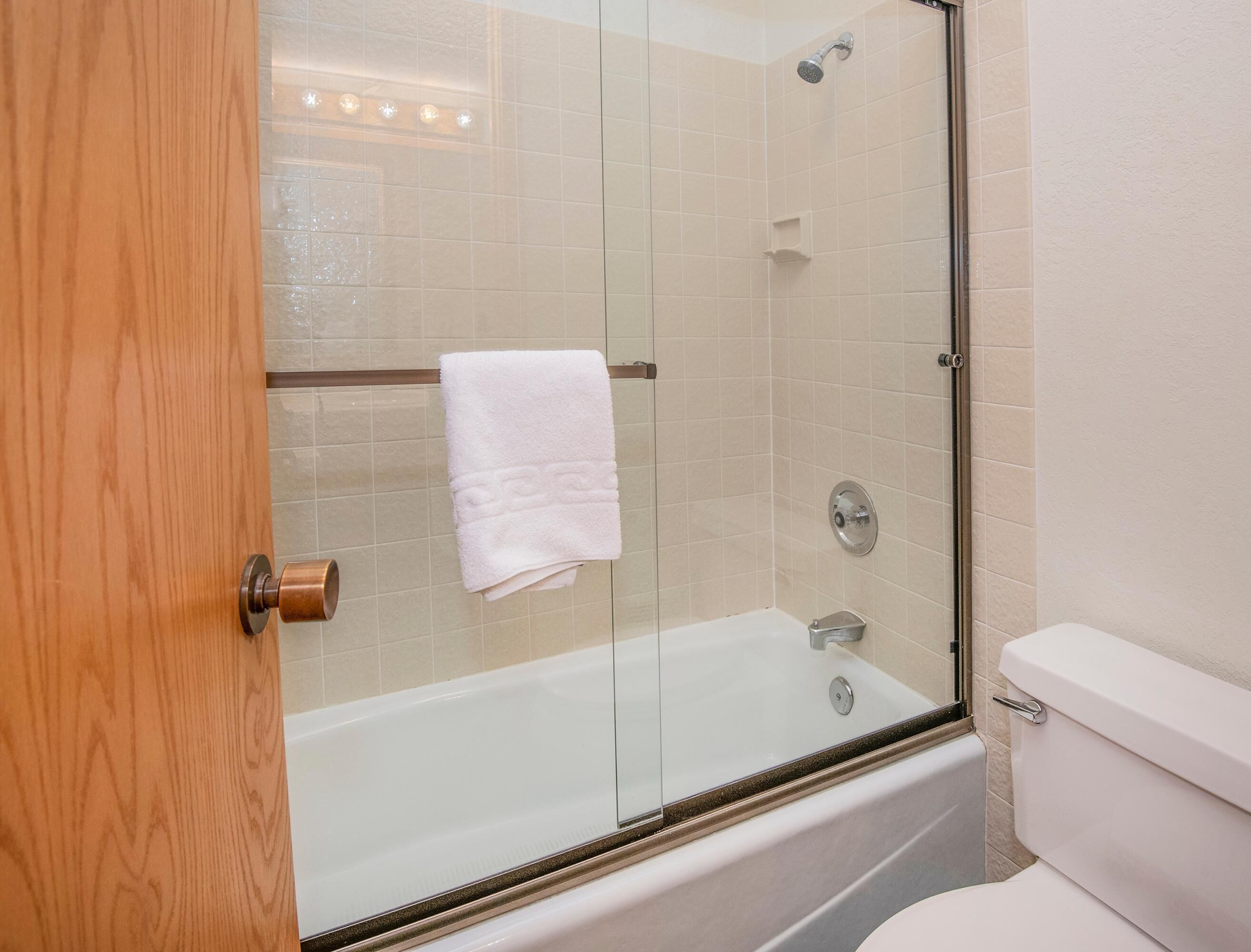A glass-enclosed shower with a white towel, a bathtub, and a toilet.