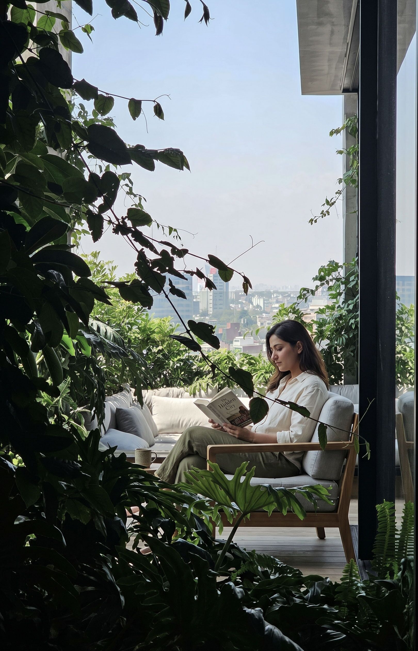 Una persona leyendo un libro en una habitación con vistas a un paisaje urbano, rodeada de plantas de interior.