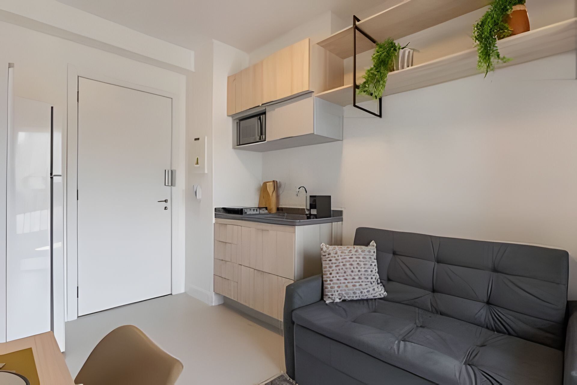 A modern kitchen with a microwave, wooden cabinets, and a hanging plant.