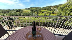 A table with a bottle of wine, two glasses, and a small container on a balcony overlooking a vineyard. - "Le Colombier" 3★ Air-Conditioned Vacation Rental - Peace and Nature in the Heart of the Vineyards (Vinsobres)