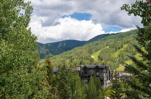 Eine Lodge mit mehreren Stockwerken, umgeben von dichtem Wald und Bergen.
