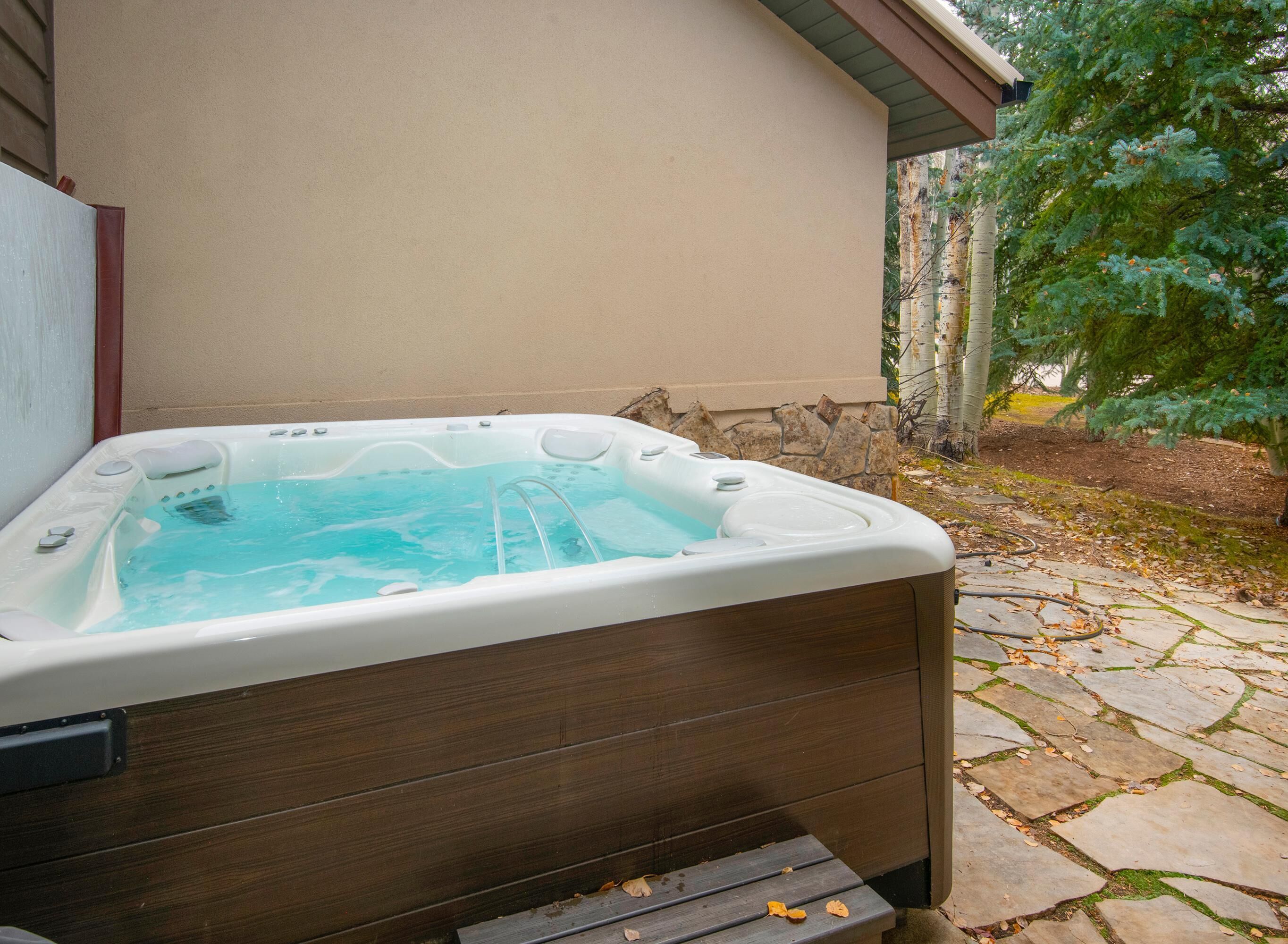 Un jacuzzi al aire libre frente a un edificio, con un sendero de piedra y árboles.