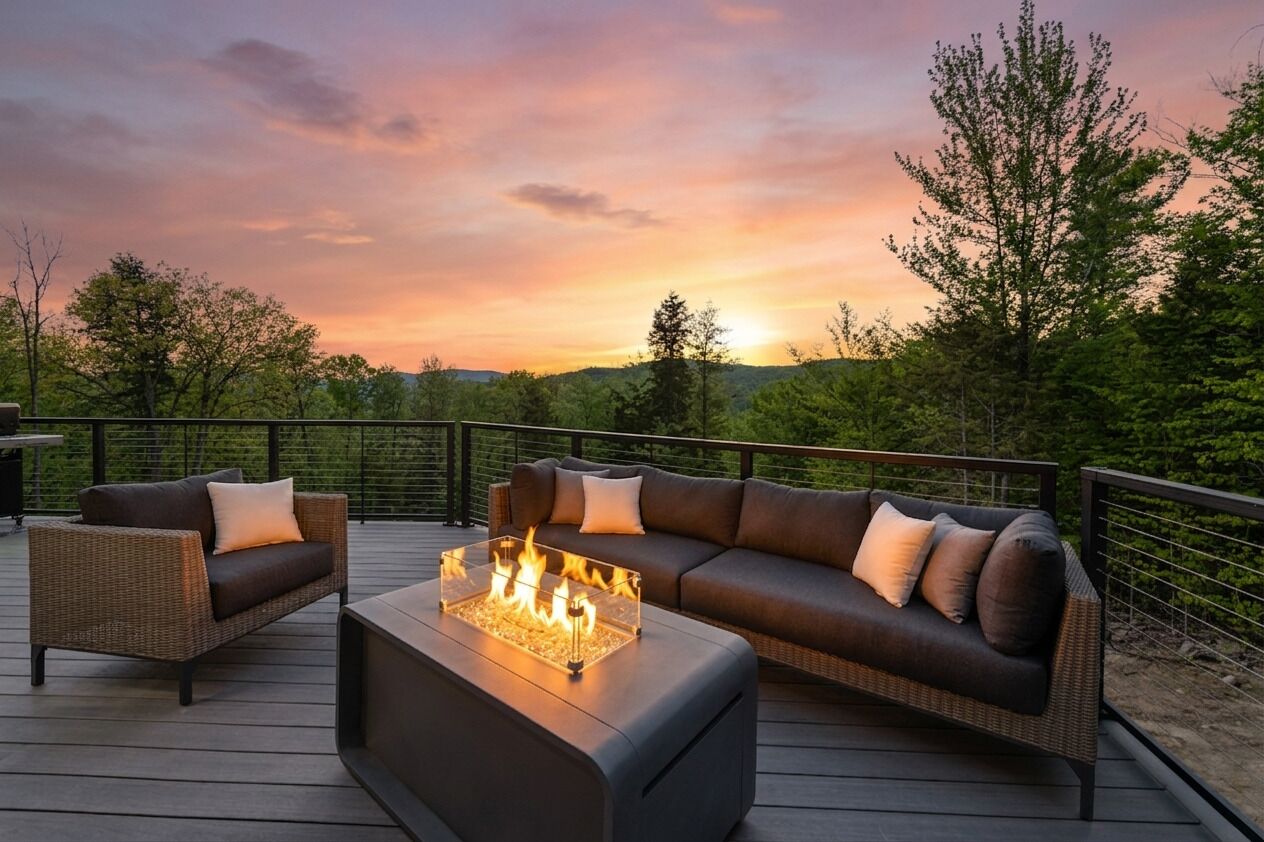 A deck with a fire pit, two sofas, and a dining table.