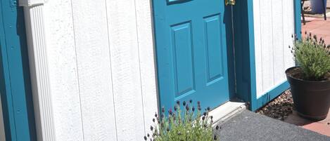 A building with a blue door, a decorative metal piece above the door, and two potted plants in front.