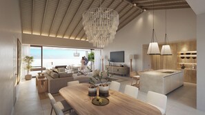 Ein modernes Interieur mit Essbereich, Küche und Wohnbereich, mit einem großen Holztisch, einer Hängeleuchte und Blick durch die Glastür.