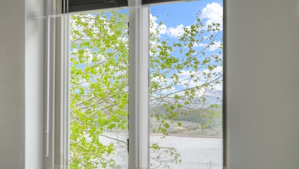 Uma janela com vista para uma área arborizada e um corpo d'água.
