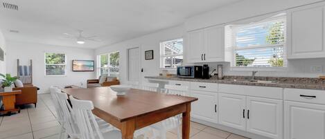 A modern kitchen with white cabinetry, a wooden dining table, and a large window with blinds.