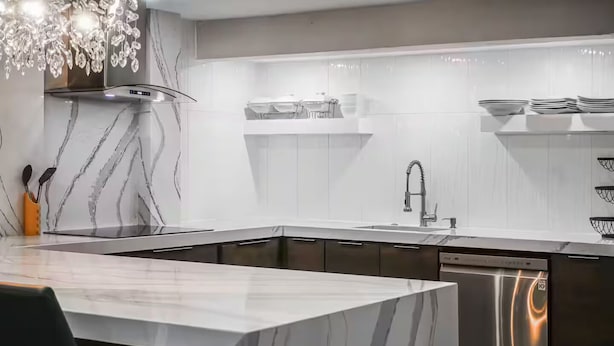 Ett modernt kök med en bänkskiva i marmor, rostfria vitvaror och en inbyggd diskmaskin.