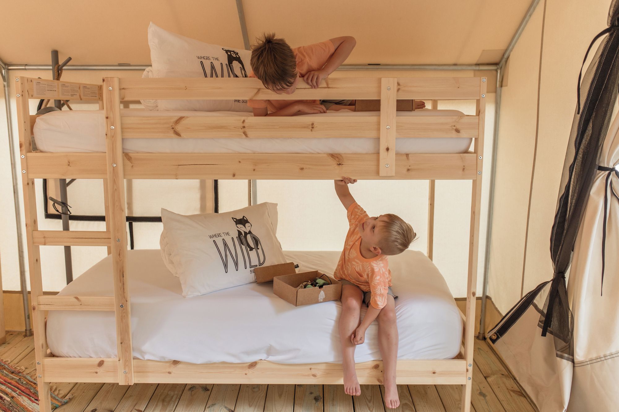 Un lit superposé à deux niveaux, un oreiller orné d’un motif de félin sauvage et une boîte sur le lit du bas.