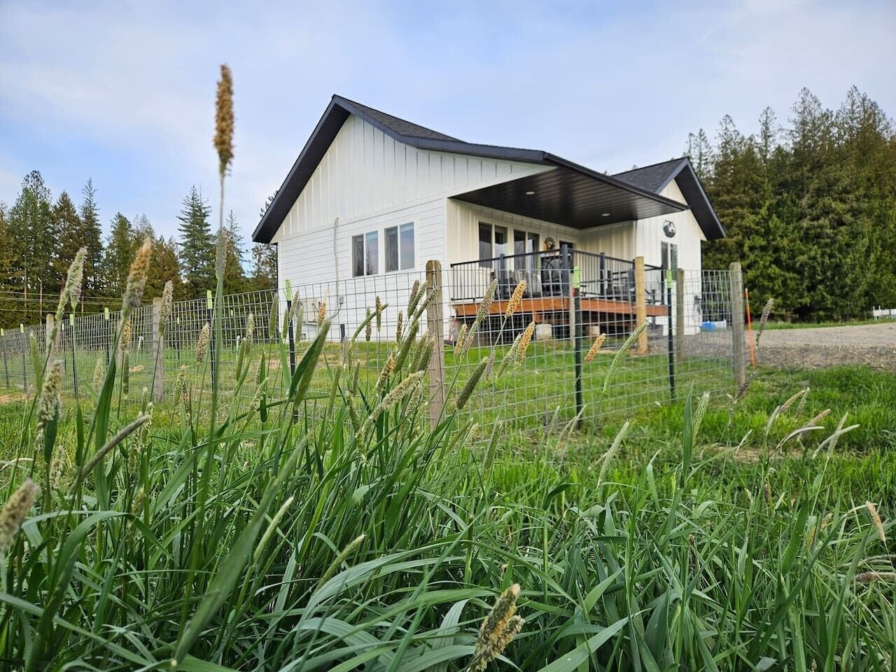 A white building with a black roof, surrounded by a fence and tall grasses.