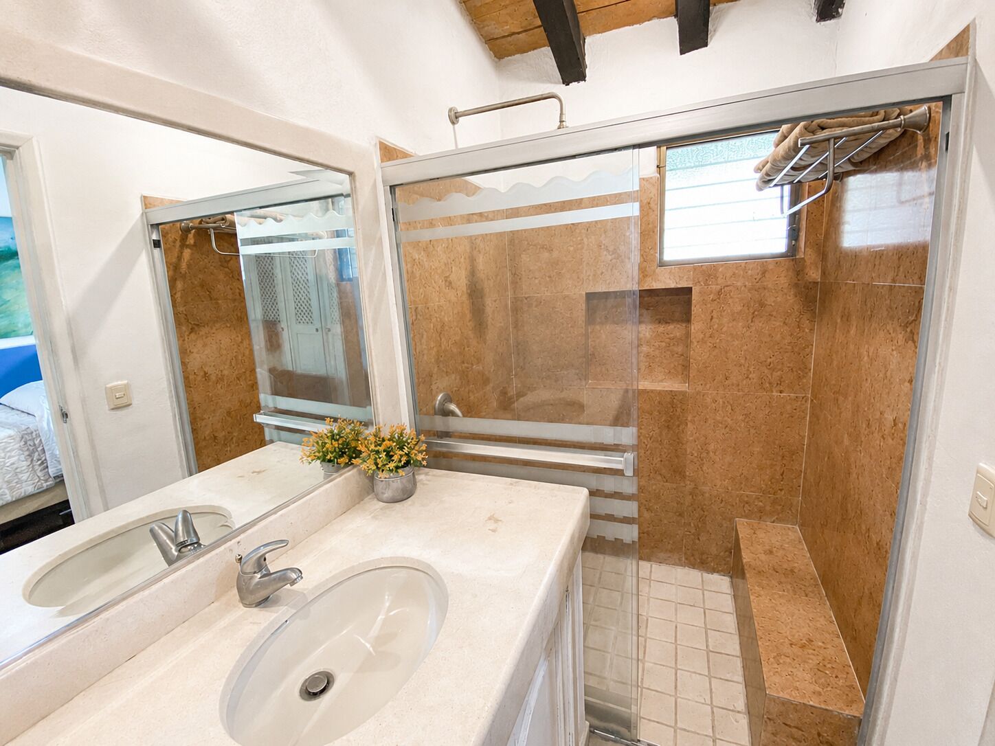 Baño con lavabo, espejo, ducha y una pequeña planta en maceta.