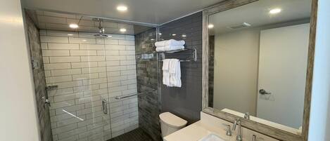 Hair dryer, towels, soap, toilet paper