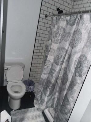 Chuveiro, toalhas de banho, sabonete, papel higiênico