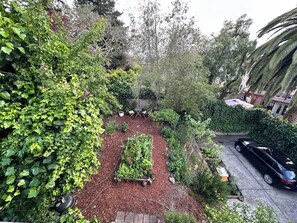 Ein Garten mit einer Holzbank, einem gepflasterten Weg und einem Auto auf der Straße.