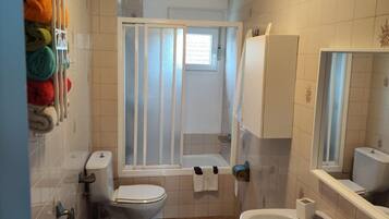 Hair dryer, towels, soap, toilet paper