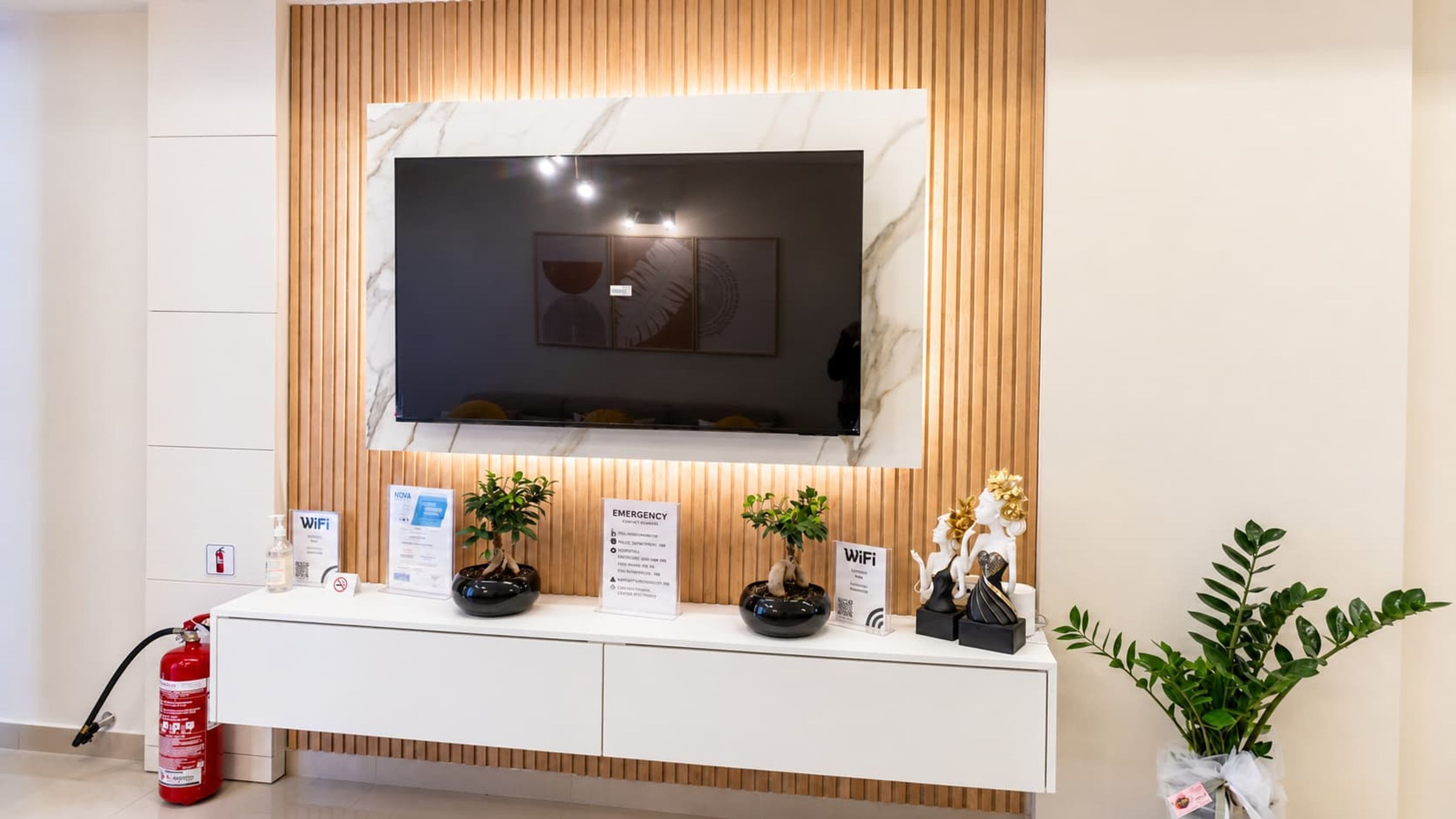 A reception area with a mounted TV, a white console, potted plants, a fire extinguisher, and emergency signage.