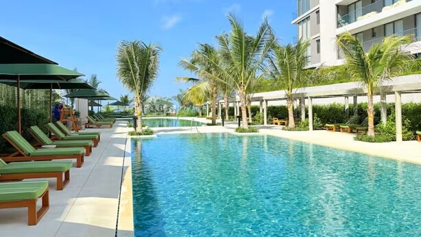 Une piscine avec des chaises longues et des palmiers.