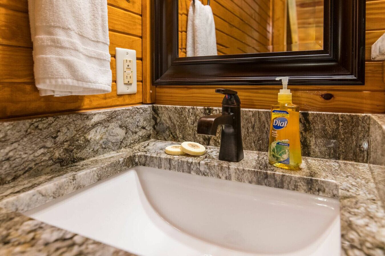 A bathroom with a white sink, a black faucet, a mirror, and a bottle of Dial Aloe.