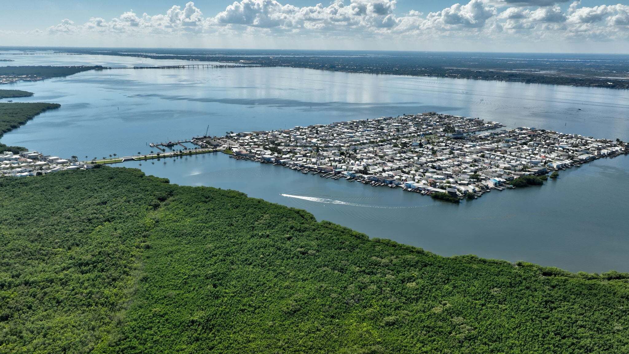 An aerial view of a coastal town with dense housing, a marina, and a dock extending into the water.