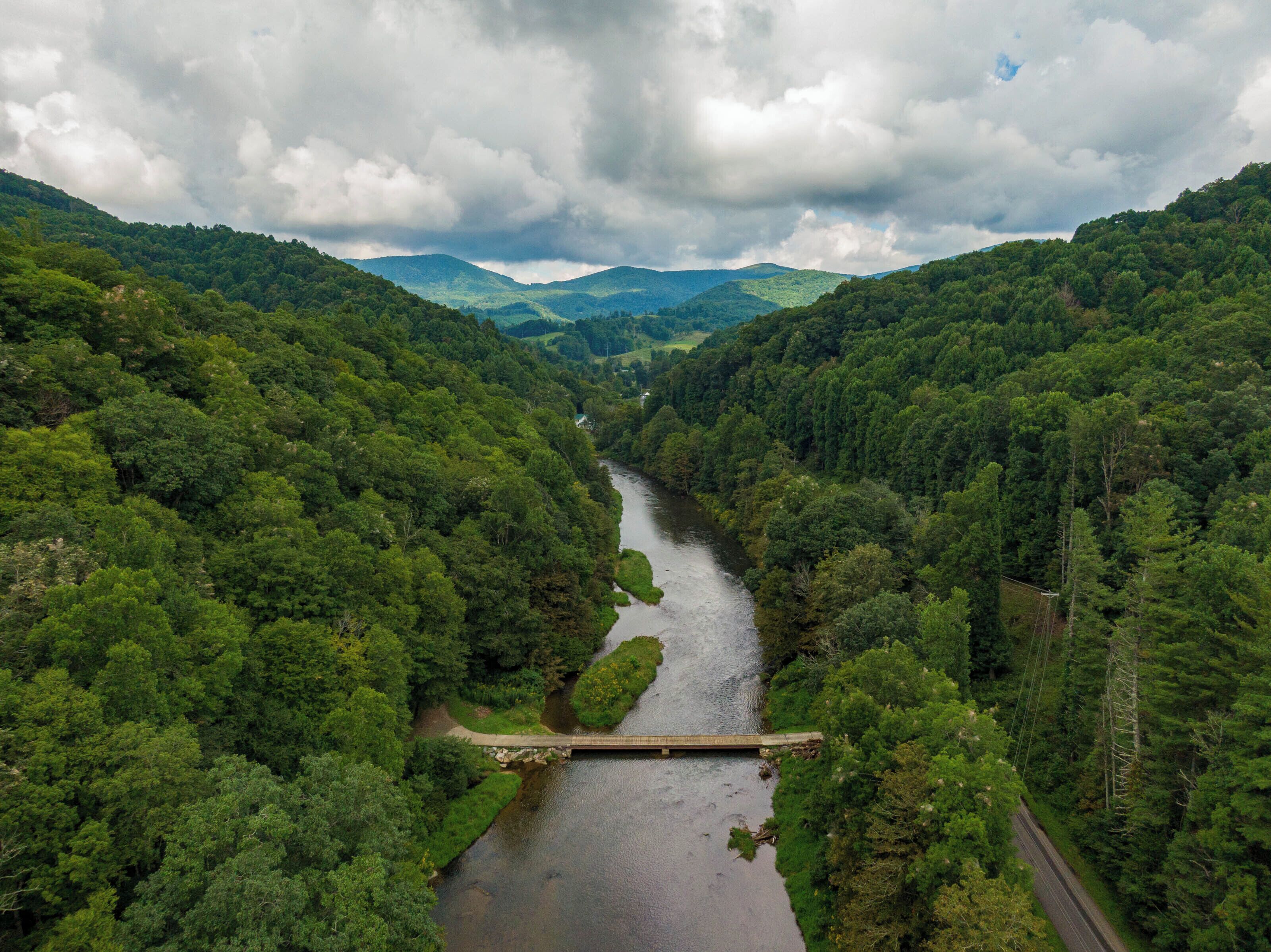 A river flowing through a forested valley with a bridge and a road on the right.