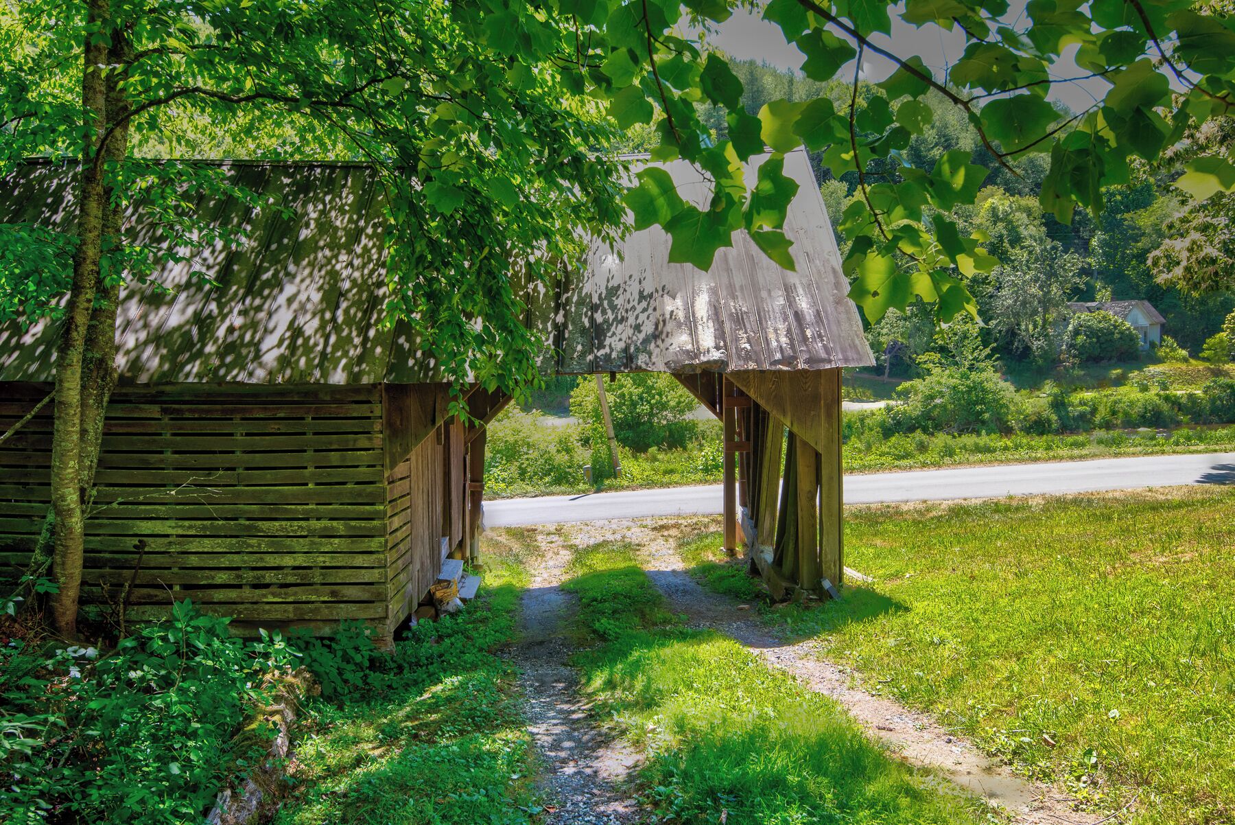 A rustic wooden structure with a thatched roof, surrounded by lush greenery and a gravel path.