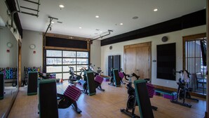 A gym with various exercise equipment, large windows, and a wooden floor.