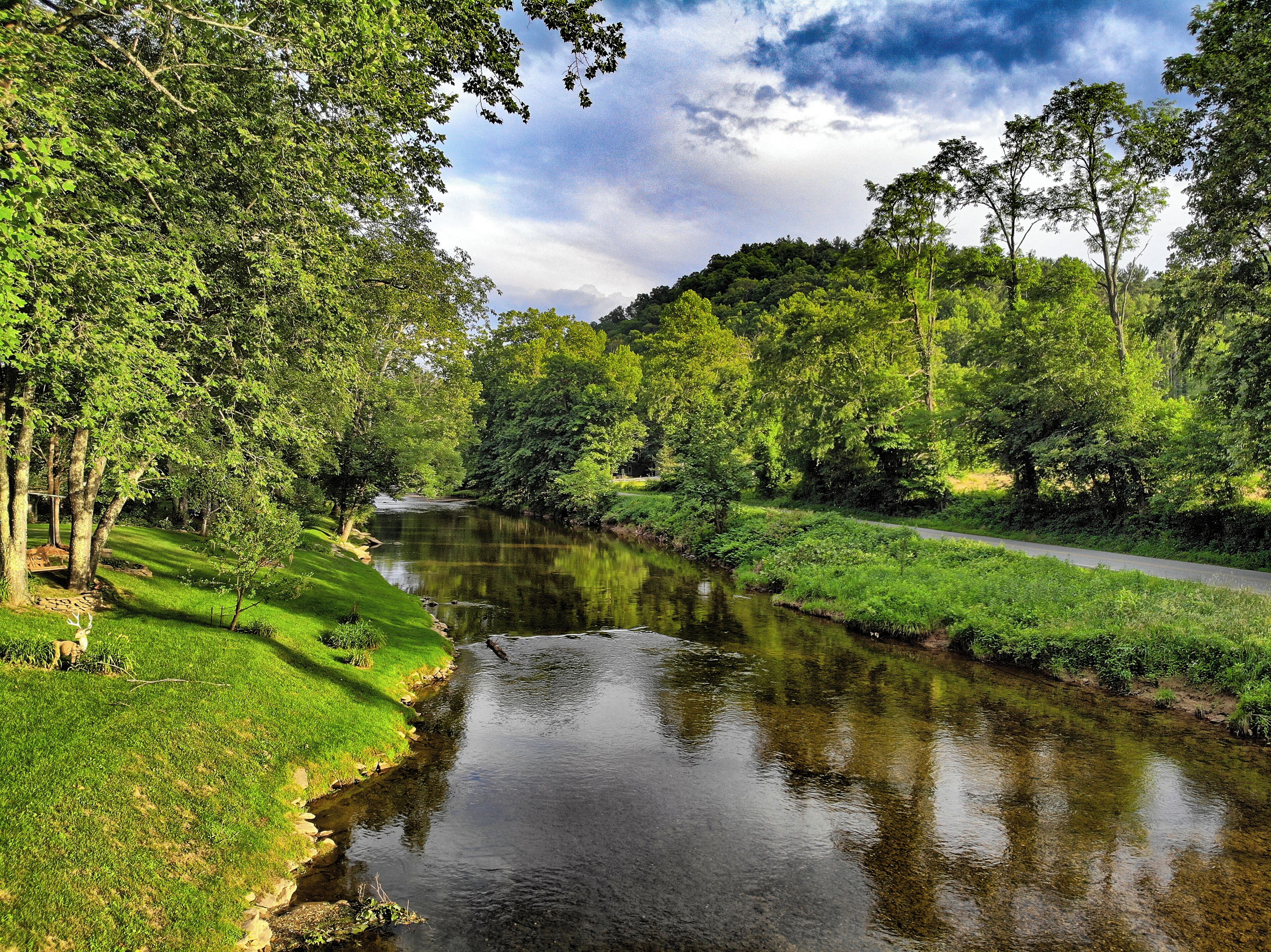 A serene river with lush greenery and trees on both sides.