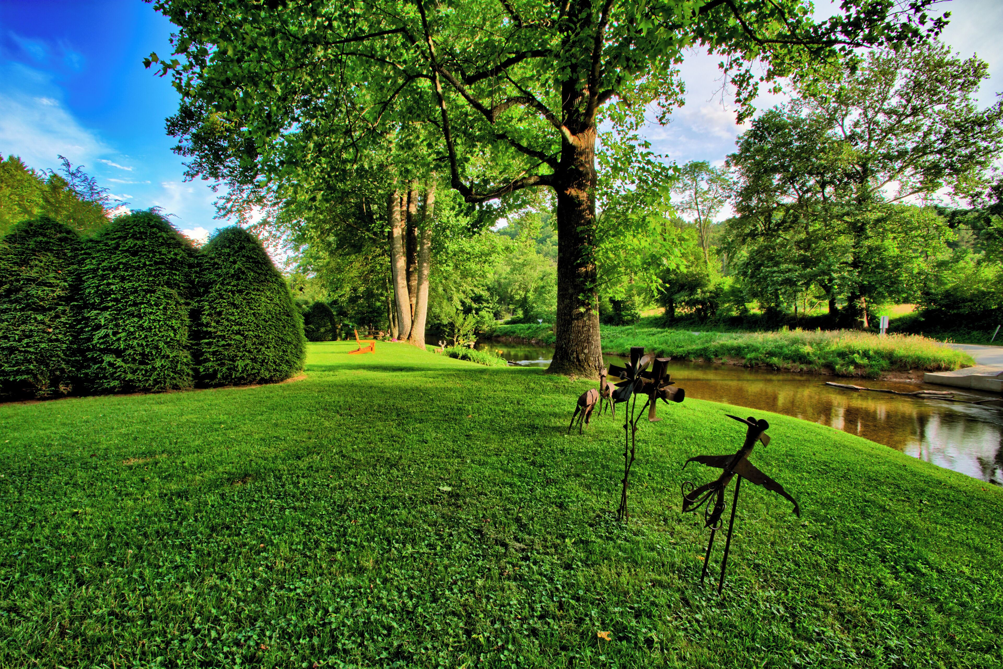 Ein gepflegter Park mit Teich, ordentlich gestutztem Rasen und verschiedenen Bäumen.