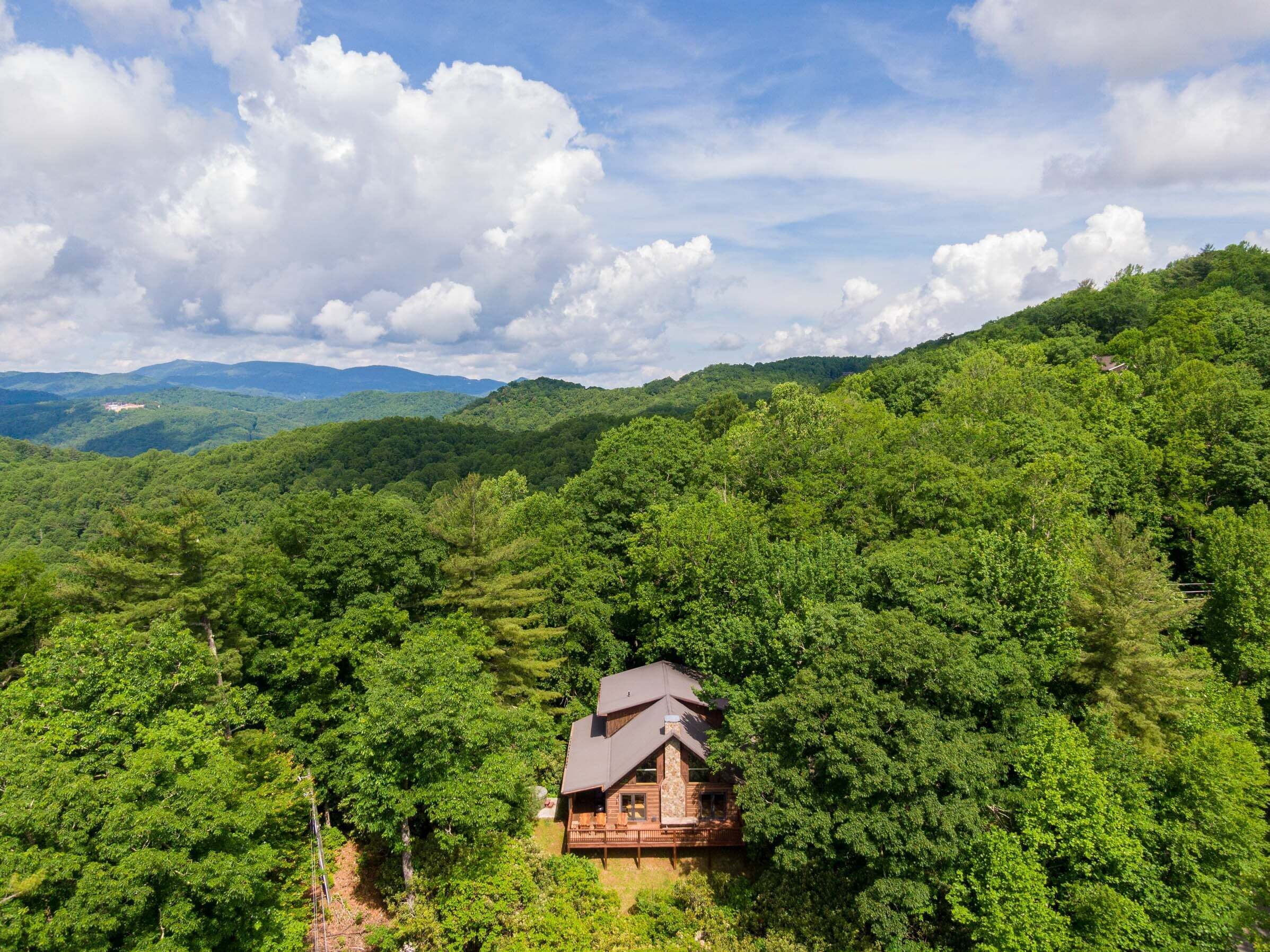 A cabin surrounded by dense forest, with a clear view of the surrounding hills and mountains.