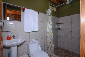 A bathroom with a sink, toilet, mirror, and shower curtain.