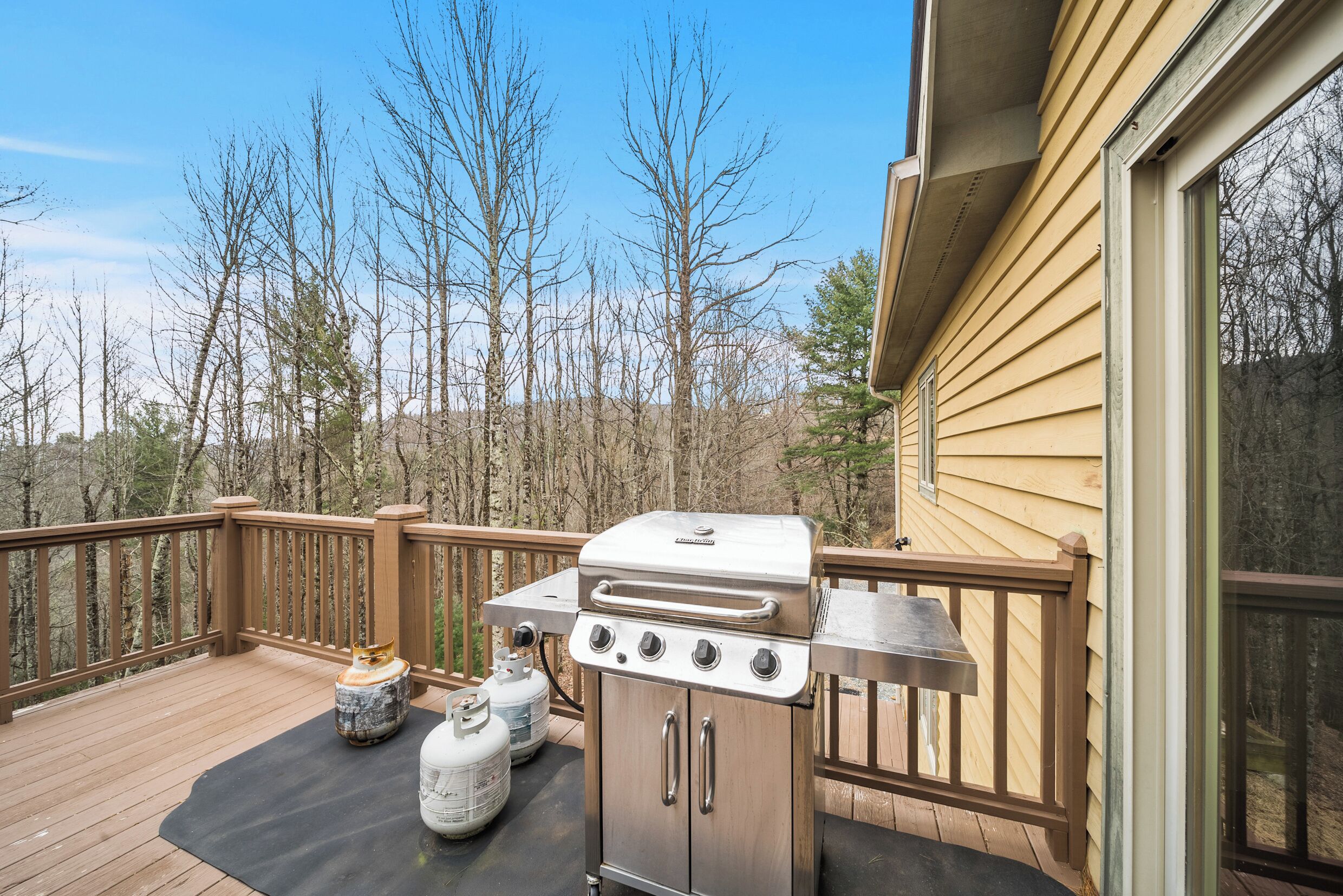 Eine Terrasse mit Grill aus Edelstahl, Propangasflaschen und einem Hollerleger.