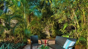 An outdoor seating area with wicker furniture and a potted plant. - Palm Terrace With Private Pool Surrounded by Lush Gardens and Open Spaces (Fort Lauderdale)