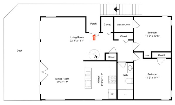 A floor plan with a living room, dining room, kitchen, two bedrooms, a bathroom, a porch, and a walk-in closet. - Jamaica Beach-birds of Paradise (Galveston)