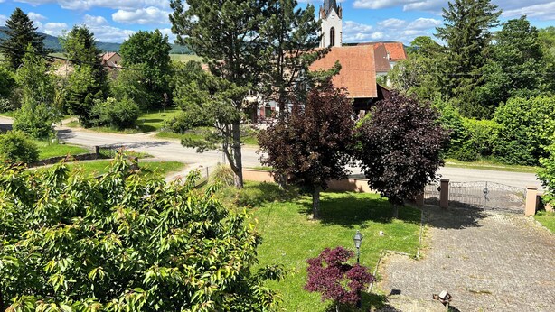 A church with a tall steeple, surrounded by greenery and a paved path.