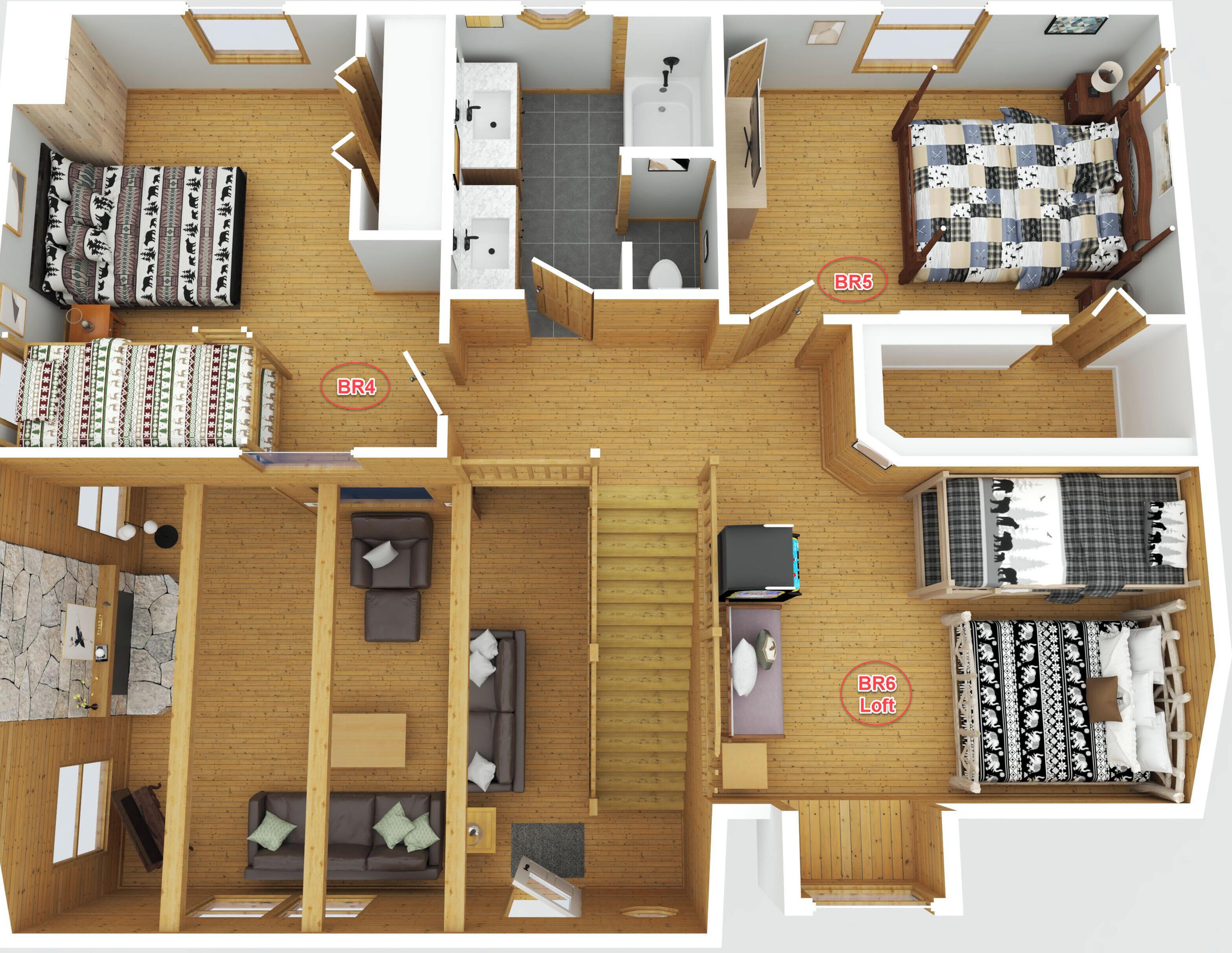 Grundriss einer Loft-Wohnung mit Wohnbereich, zwei Schlafzimmern, einem Badezimmer und einer Küche.