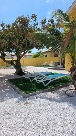A pool area with white lounge chairs, a palm tree, and a building with yellow walls. - The Sunny Villa Near Ritz Carlton&Palm Beach (Noord)