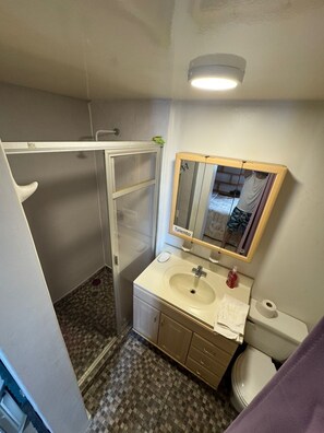 Un baño con ducha, lavamanos, inodoro y espejo.