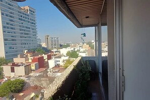 A balcony with a view of surrounding buildings, a hanging plant, and a window with a curtain. - studio WTC (Mexico City)