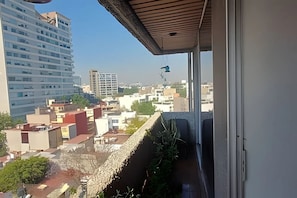 Un balcón con vistas a edificios circundantes, una planta colgante y una ventana con cortina.